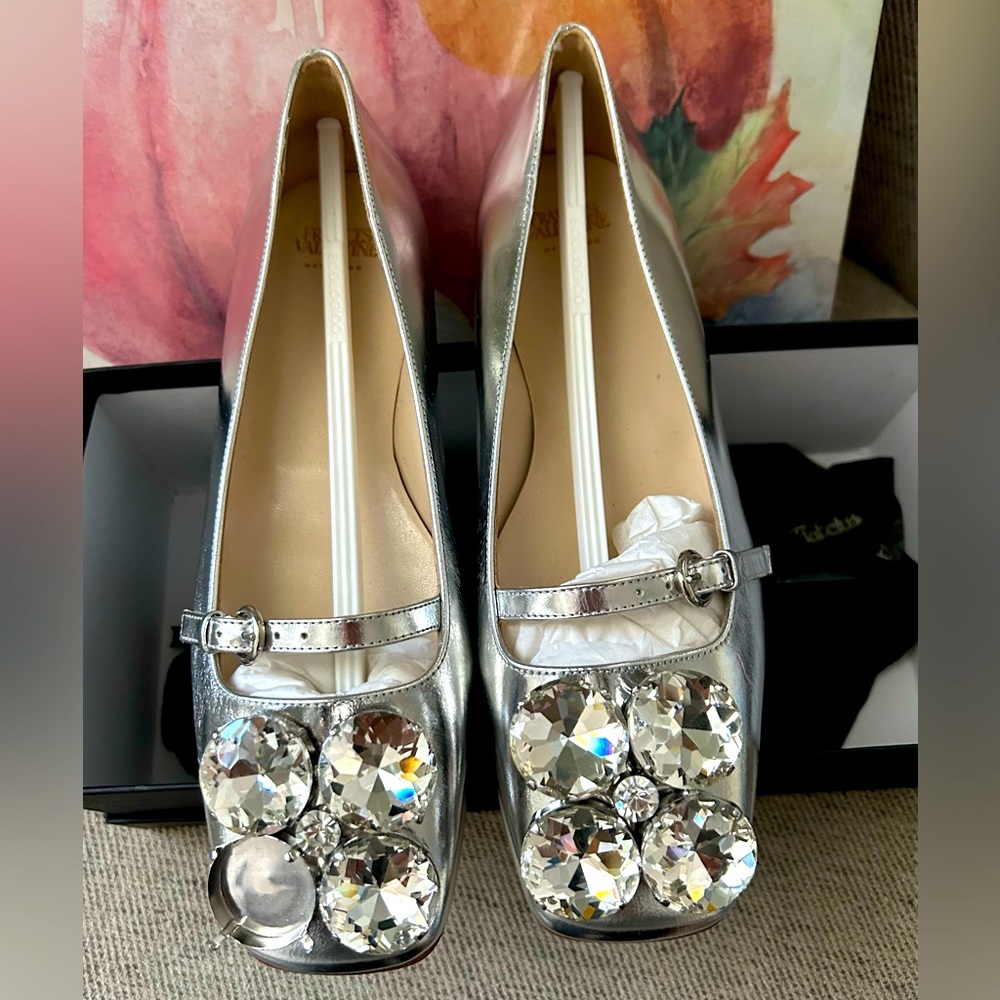 New Frances Valentine Shoes Silver Mary Jane Rhinestones Flats Leather Josephine